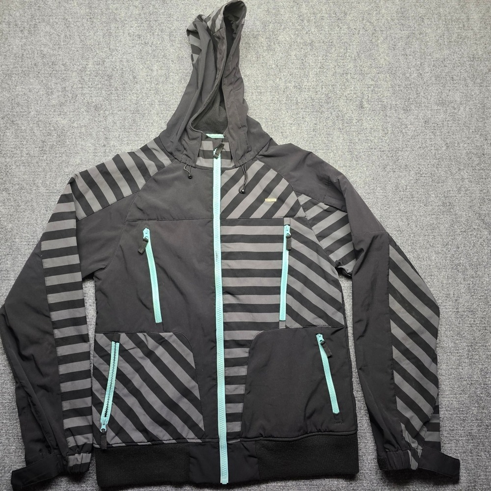Empyre Mens Softshell Hooded Jacket Black Grey Striped Teal Zip Size L